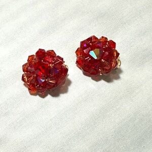 Vintage Red AB Crystal Cluster Clip On Earrings Gold Tone Dome Retro Gift
